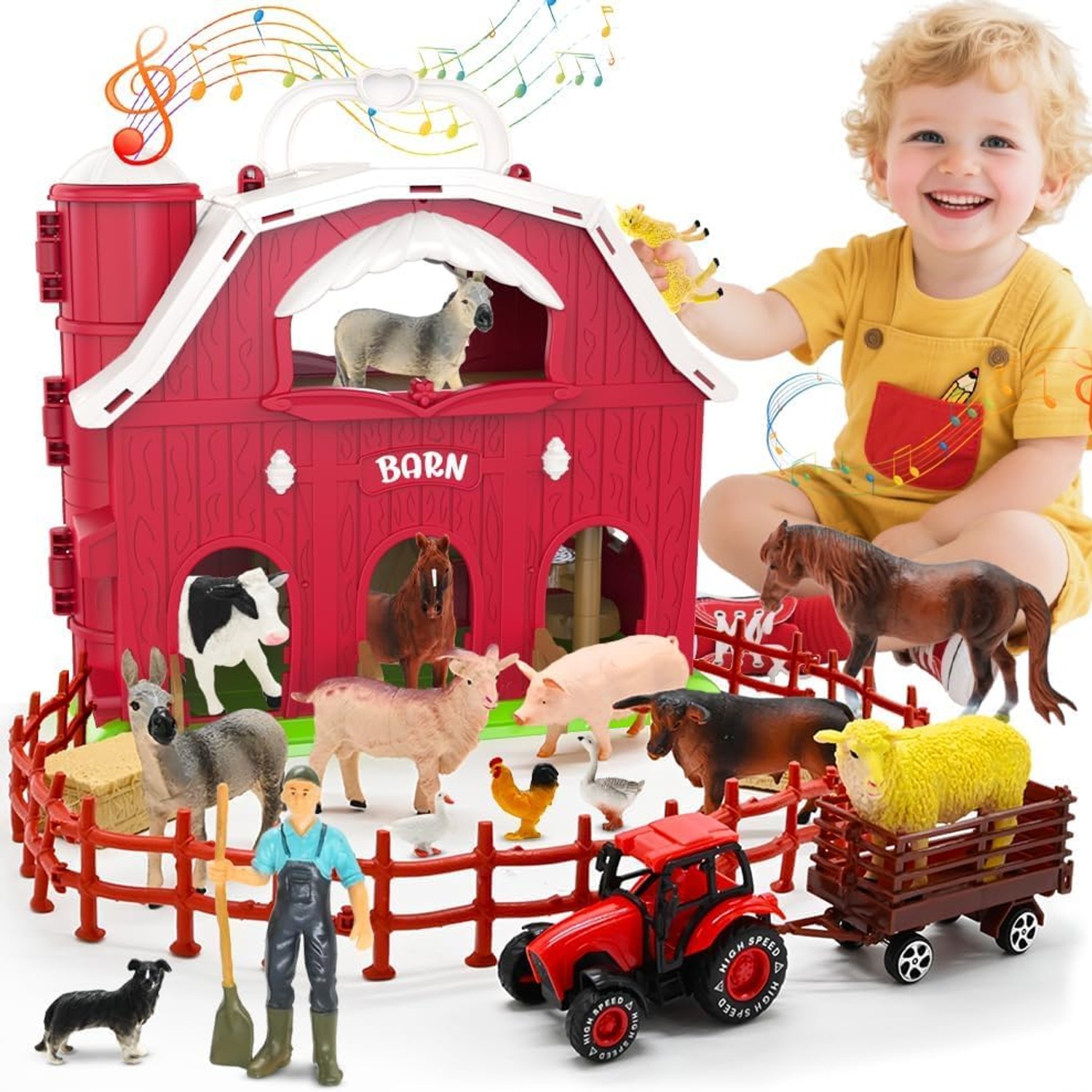 Farm Animal Barn Playset with Tractor and 24 Pieces