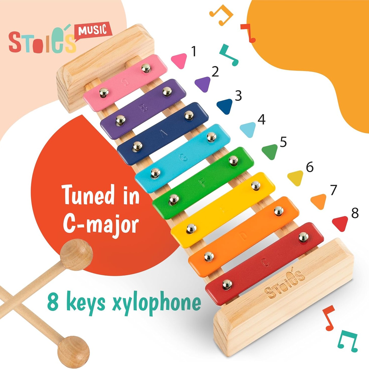 Rainbow 8-Note Wooden Xylophone for Kids
