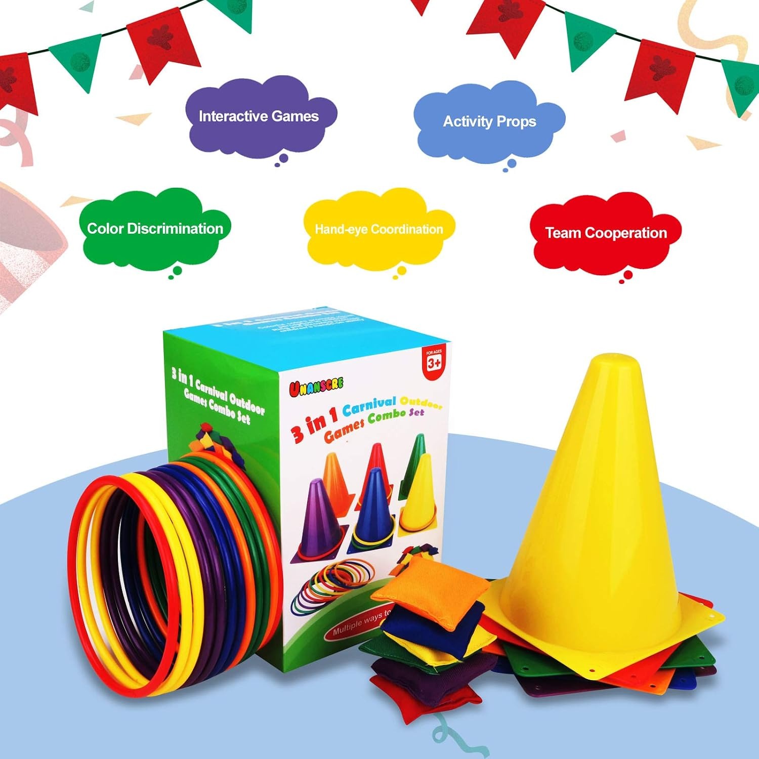 3-in-1 Carnival Games Set with Rings, Bean Bags and Cones