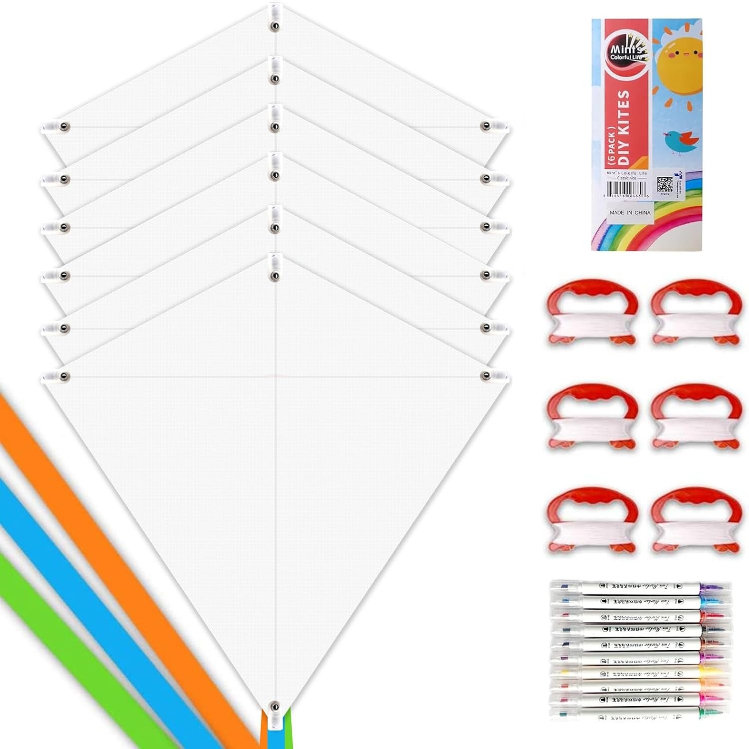 DIY Kite Making Kit, 6 Pack Decorate-Your-Own Diamond Kites