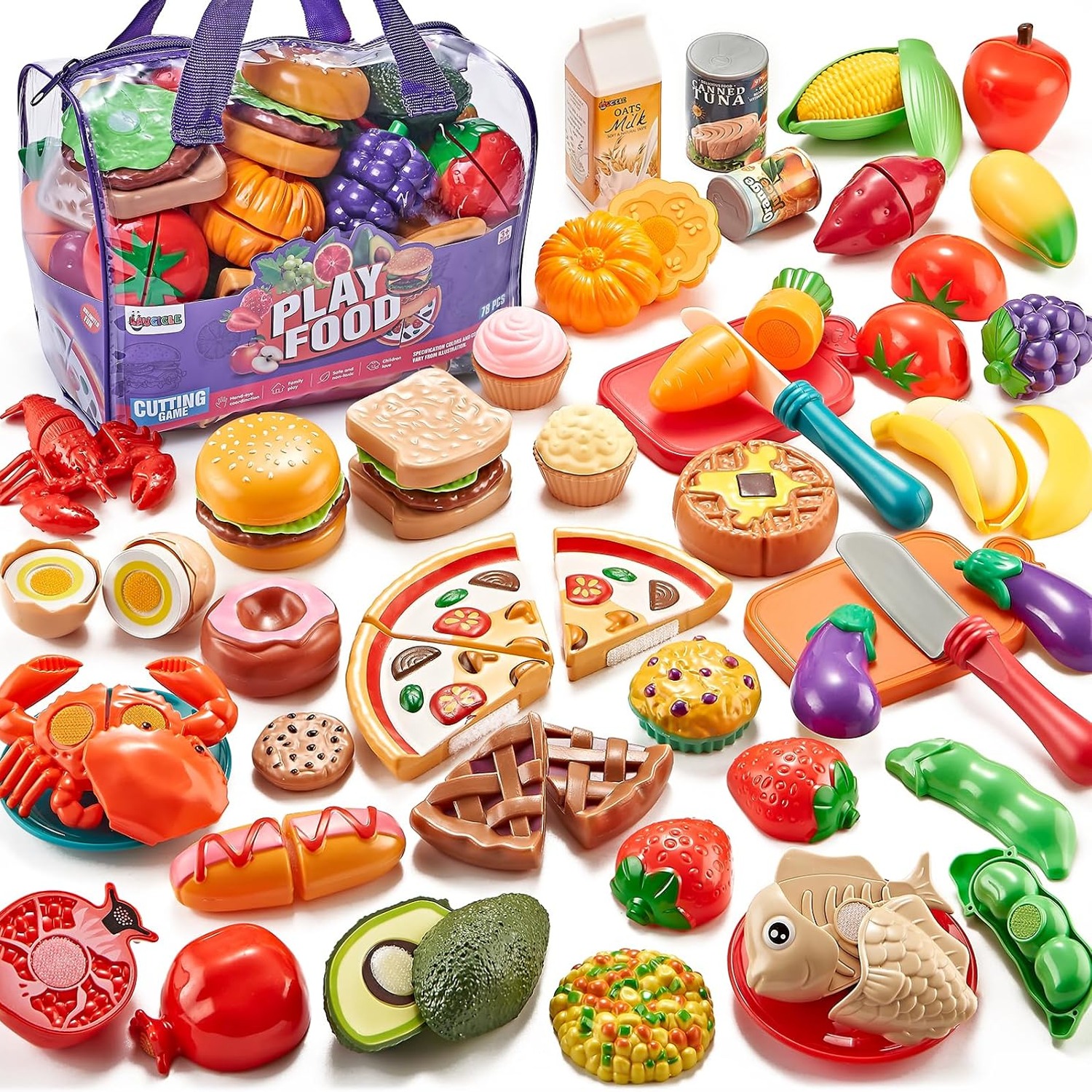 78-Piece Play Food Set with Cutting Toys and Storage Bag