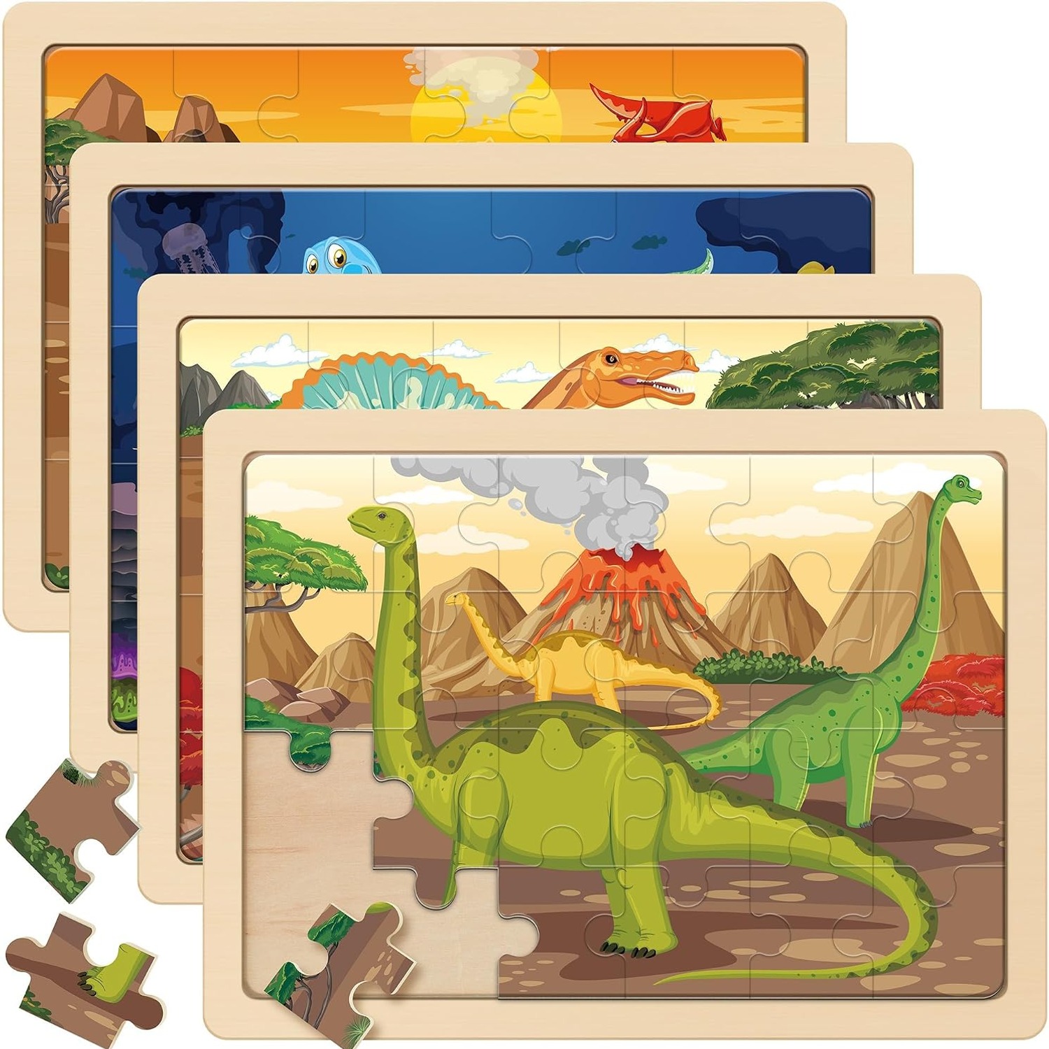 Wooden Dinosaur Puzzles 4-Pack Jigsaw Set for Kids