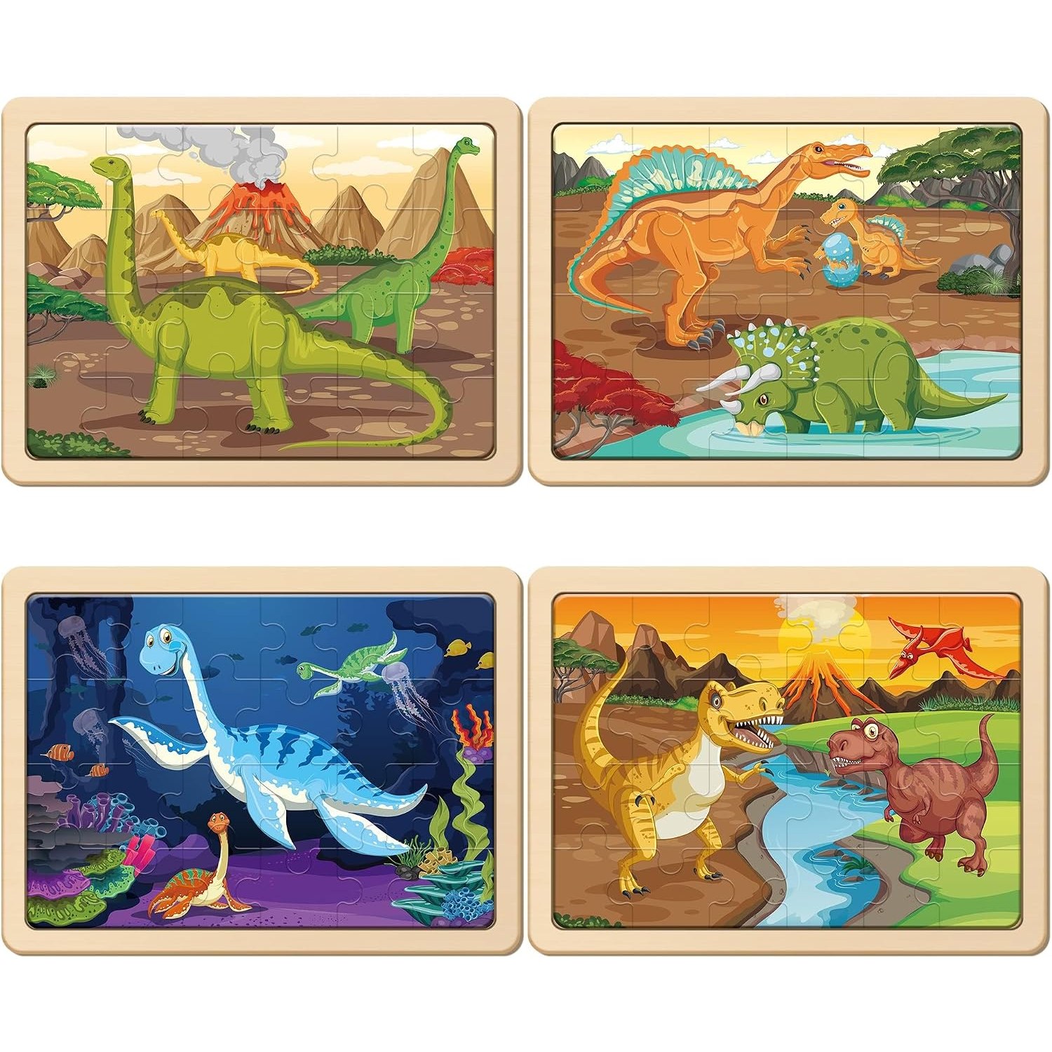 Wooden Dinosaur Puzzles 4-Pack Jigsaw Set for Kids