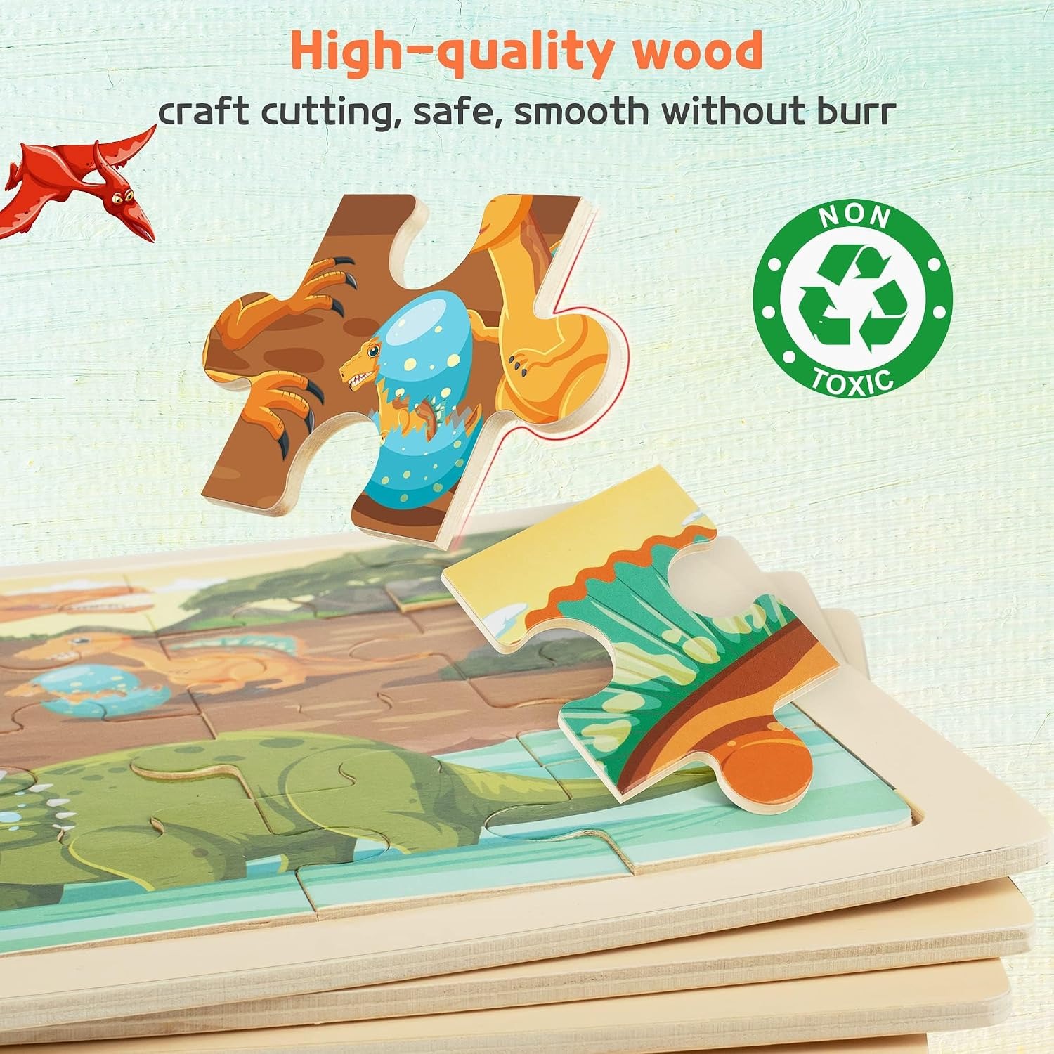 Wooden Dinosaur Puzzles 4-Pack Jigsaw Set for Kids