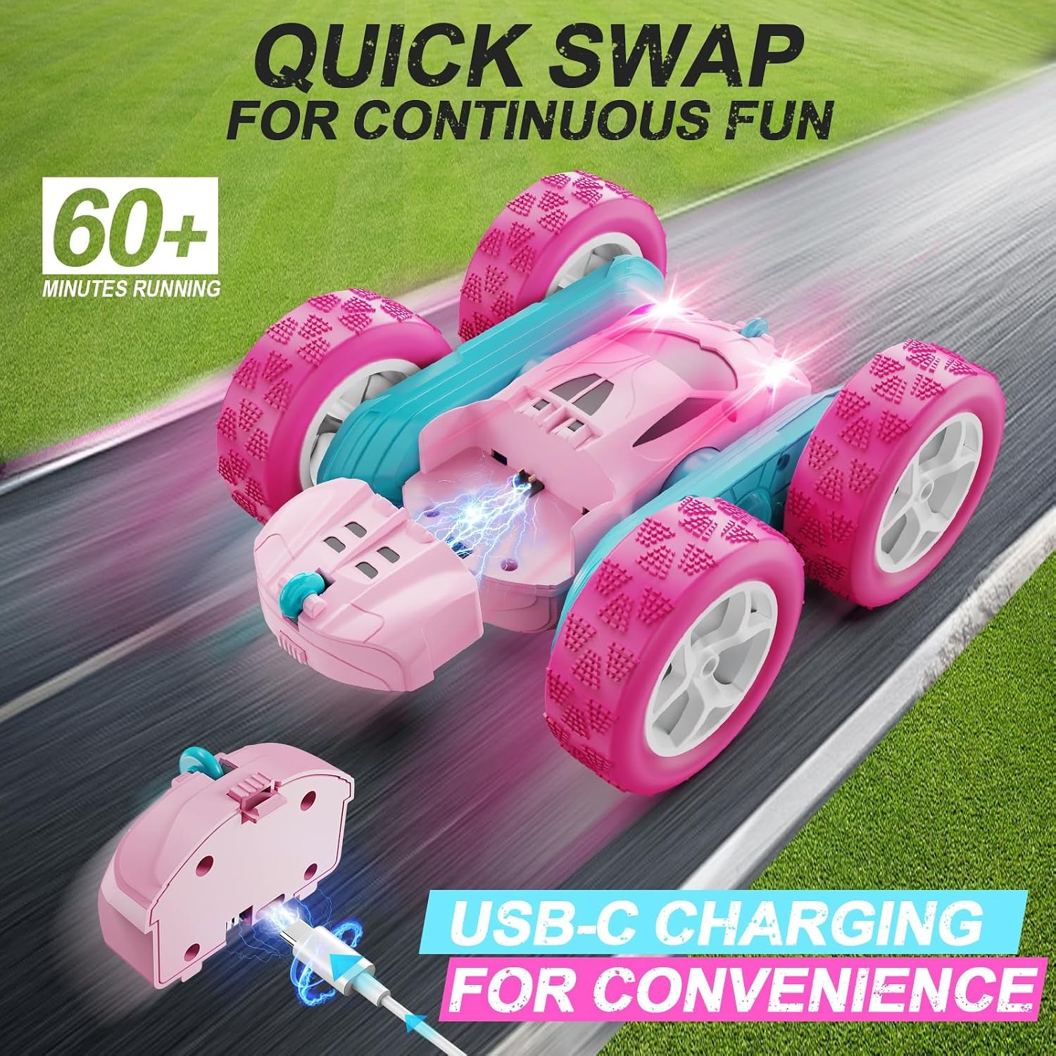 Pink RC Stunt Car with Double Sided Flip Action