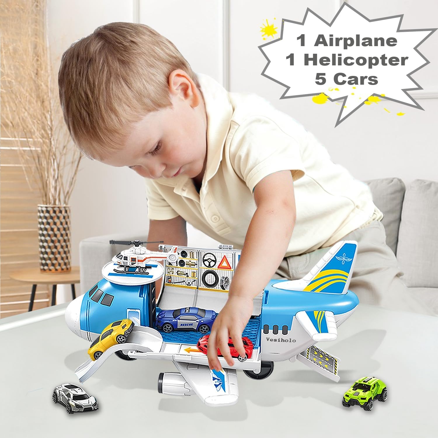 Cargo Plane Car Set with Helicopter and Vehicles: image 2
