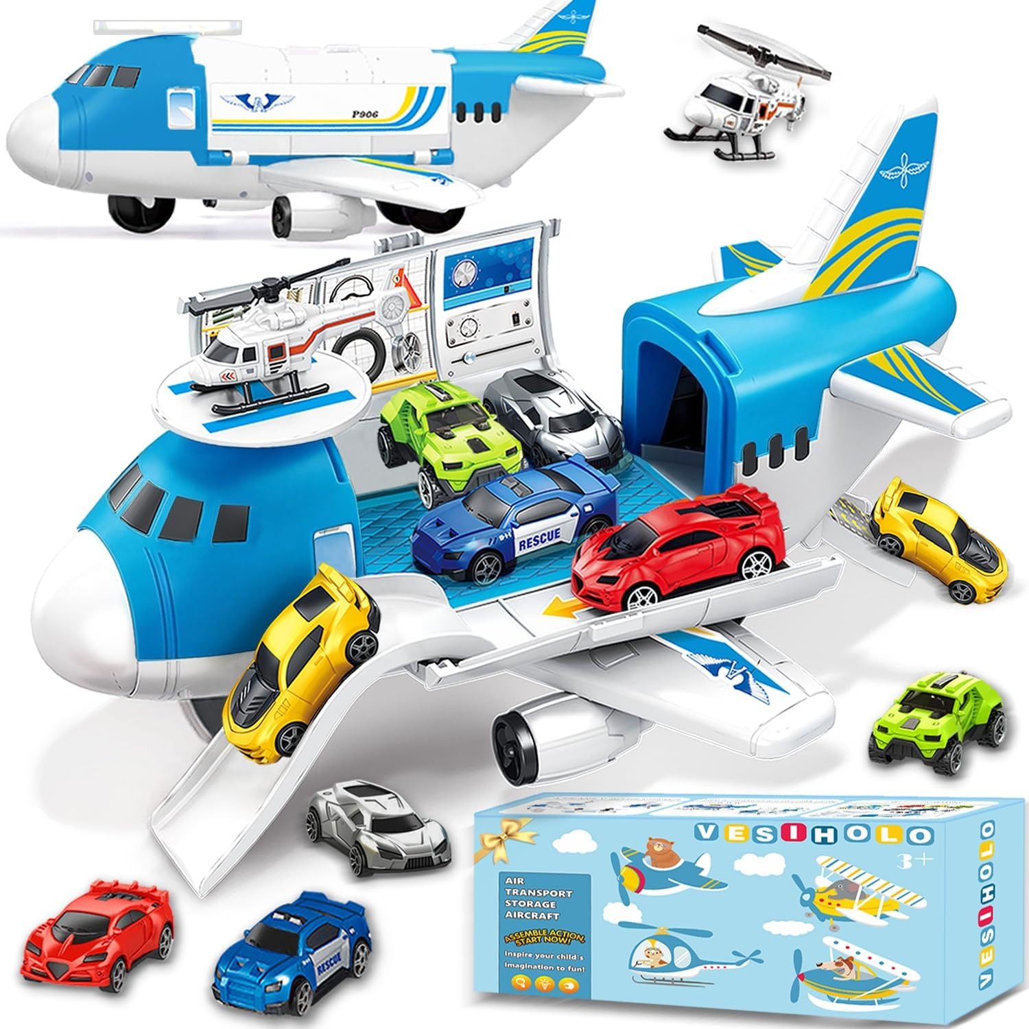 Cargo Plane Car Set with Helicopter and Vehicles