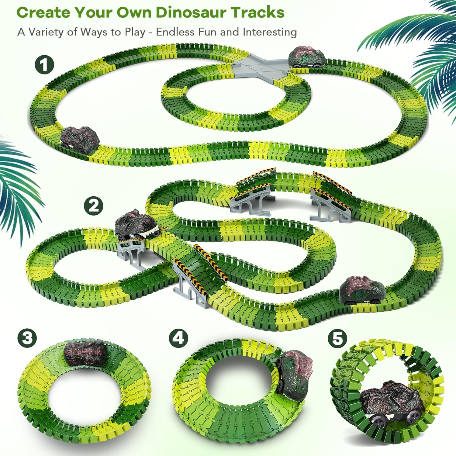 Dinosaur Race Track Set with Flexible Track and 2 Dinosaur Cars