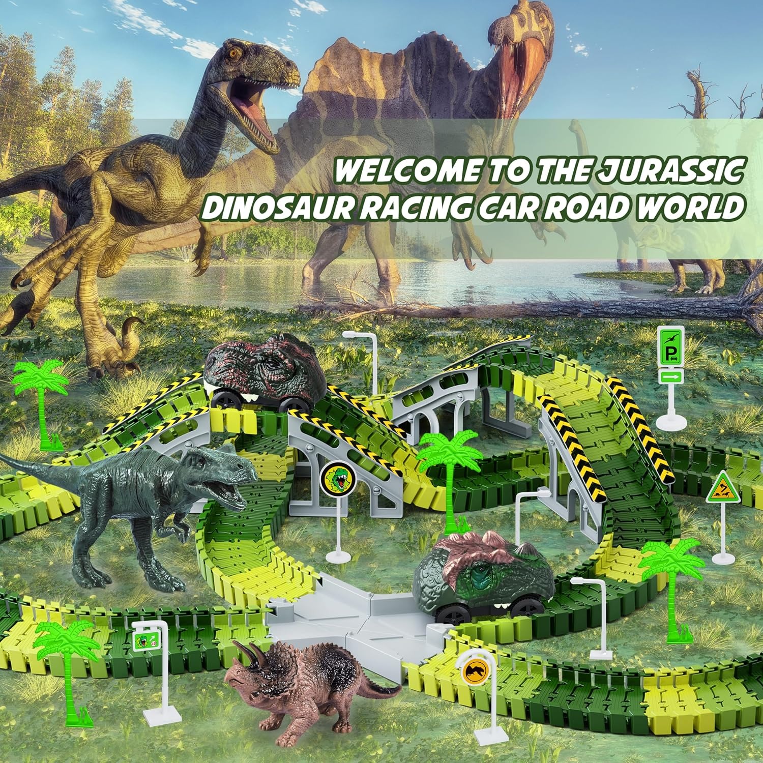 Dinosaur Race Track Set with Flexible Track and 2 Dinosaur Cars