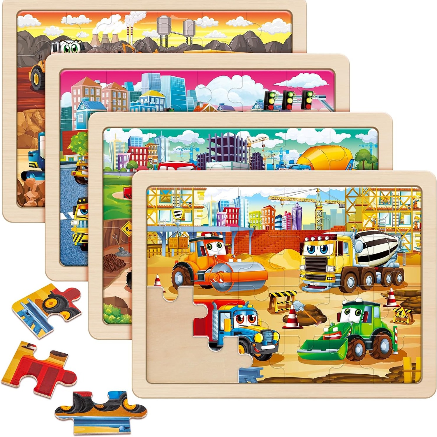 Wooden Construction Vehicle Puzzles Set
