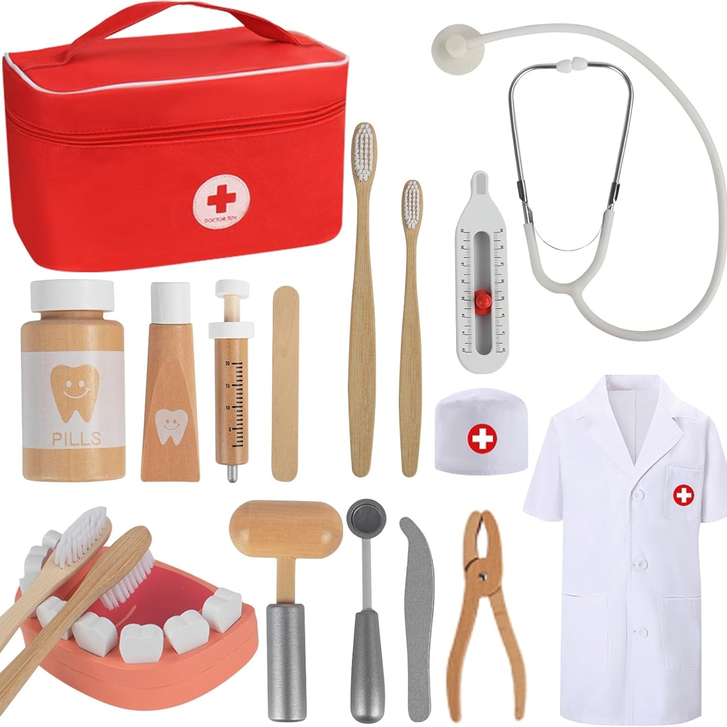 Wooden Doctor Play Set with Stethoscope, Coat and Carry Case
