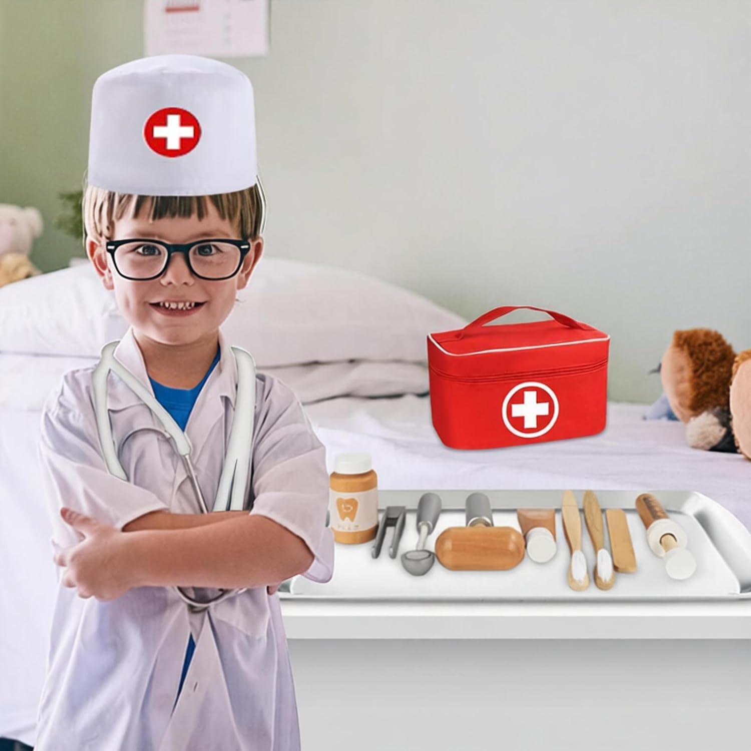Wooden Doctor Play Set with Stethoscope, Coat and Carry Case: image 4