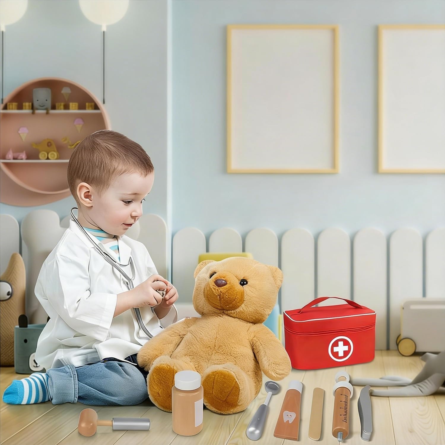 Wooden Doctor Play Set with Stethoscope, Coat and Carry Case: image 6