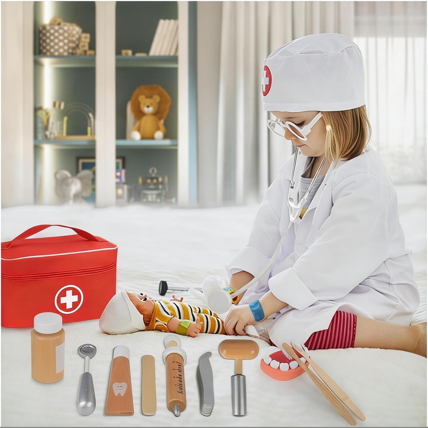 Wooden Doctor Play Set with Stethoscope, Coat and Carry Case: image 7