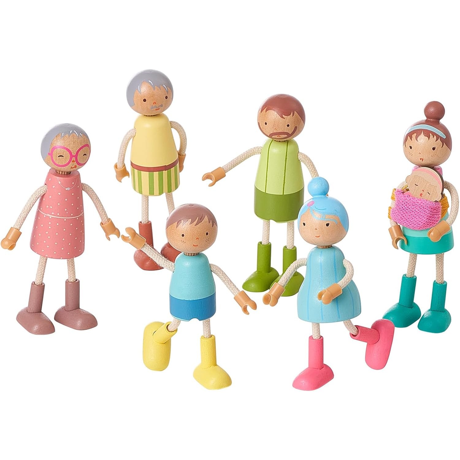 Wooden Doll Family Set of 7 Posable Dollhouse People