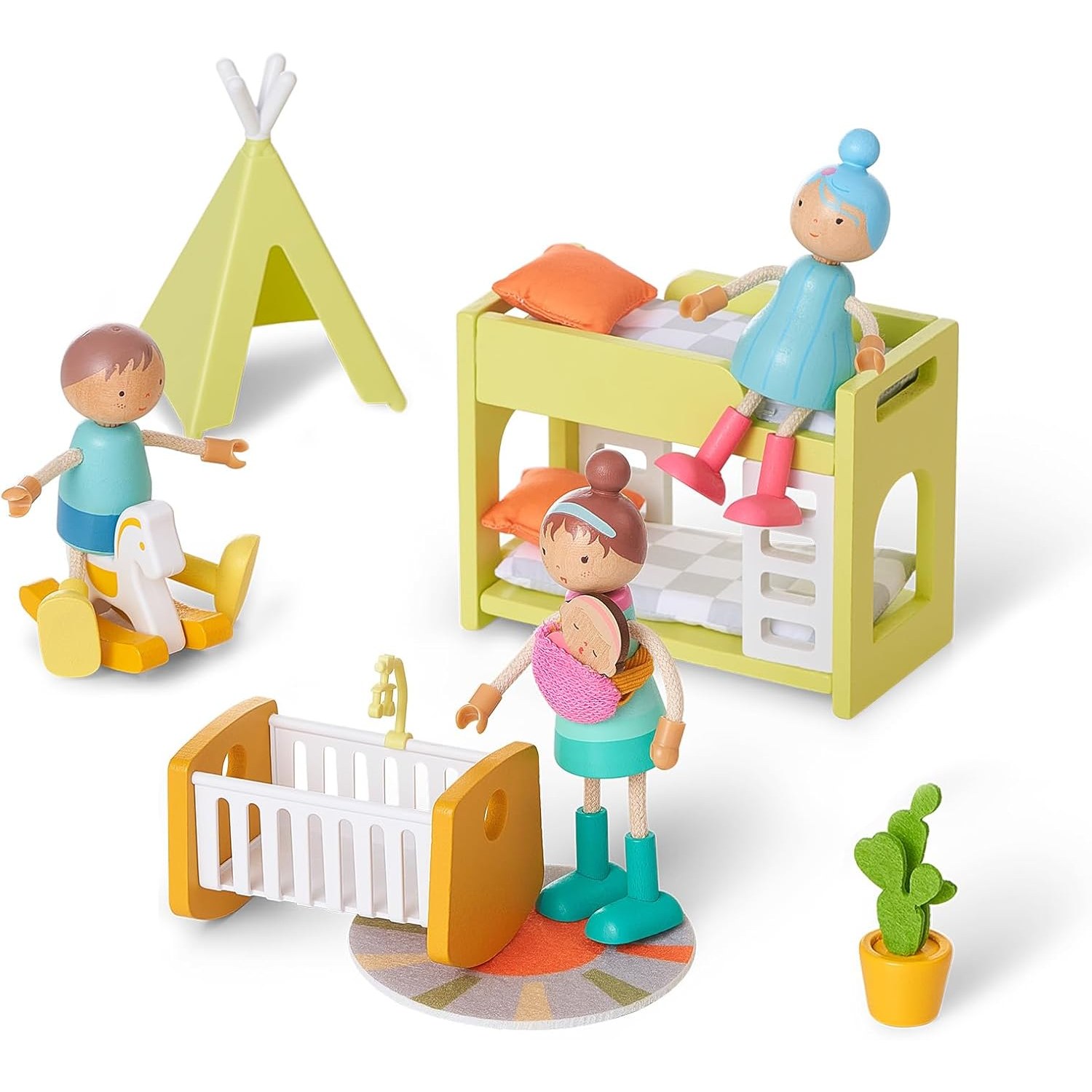 Wooden Doll Family Set of 7 Posable Dollhouse People