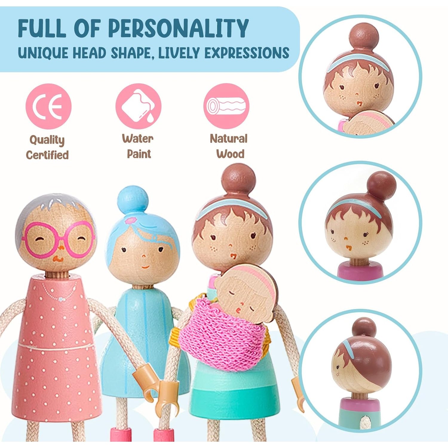 Wooden Doll Family Set of 7 Posable Dollhouse People