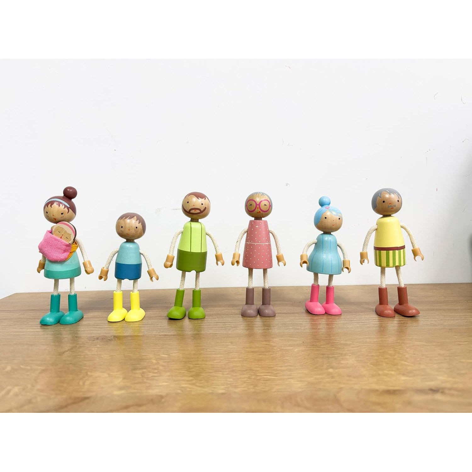 Wooden Doll Family Set of 7 Posable Dollhouse People