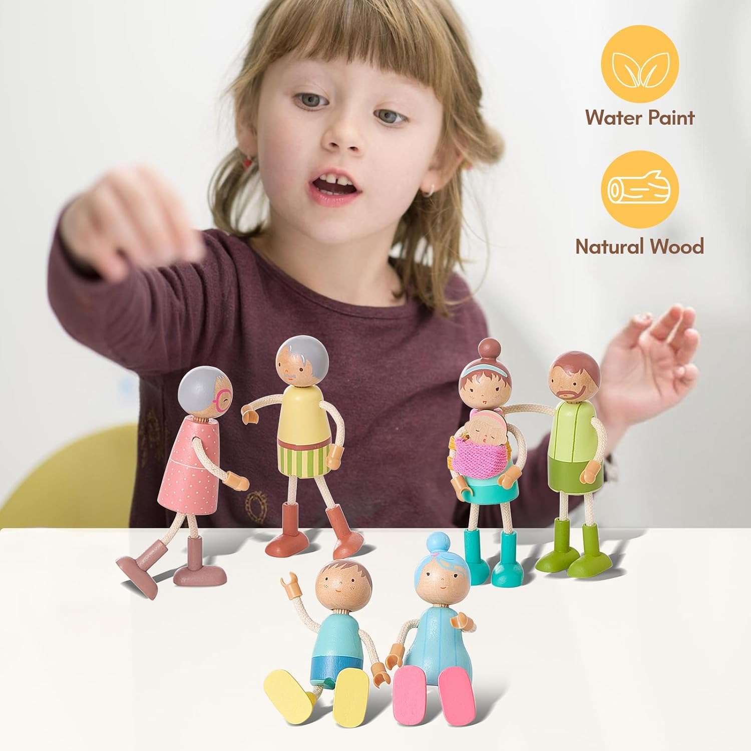 Wooden Doll Family Set of 7 Posable Dollhouse People
