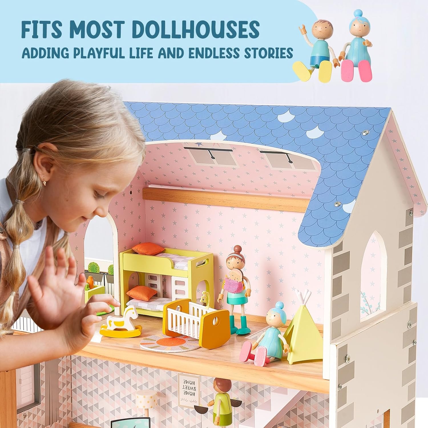 Wooden Doll Family Set of 7 Posable Dollhouse People