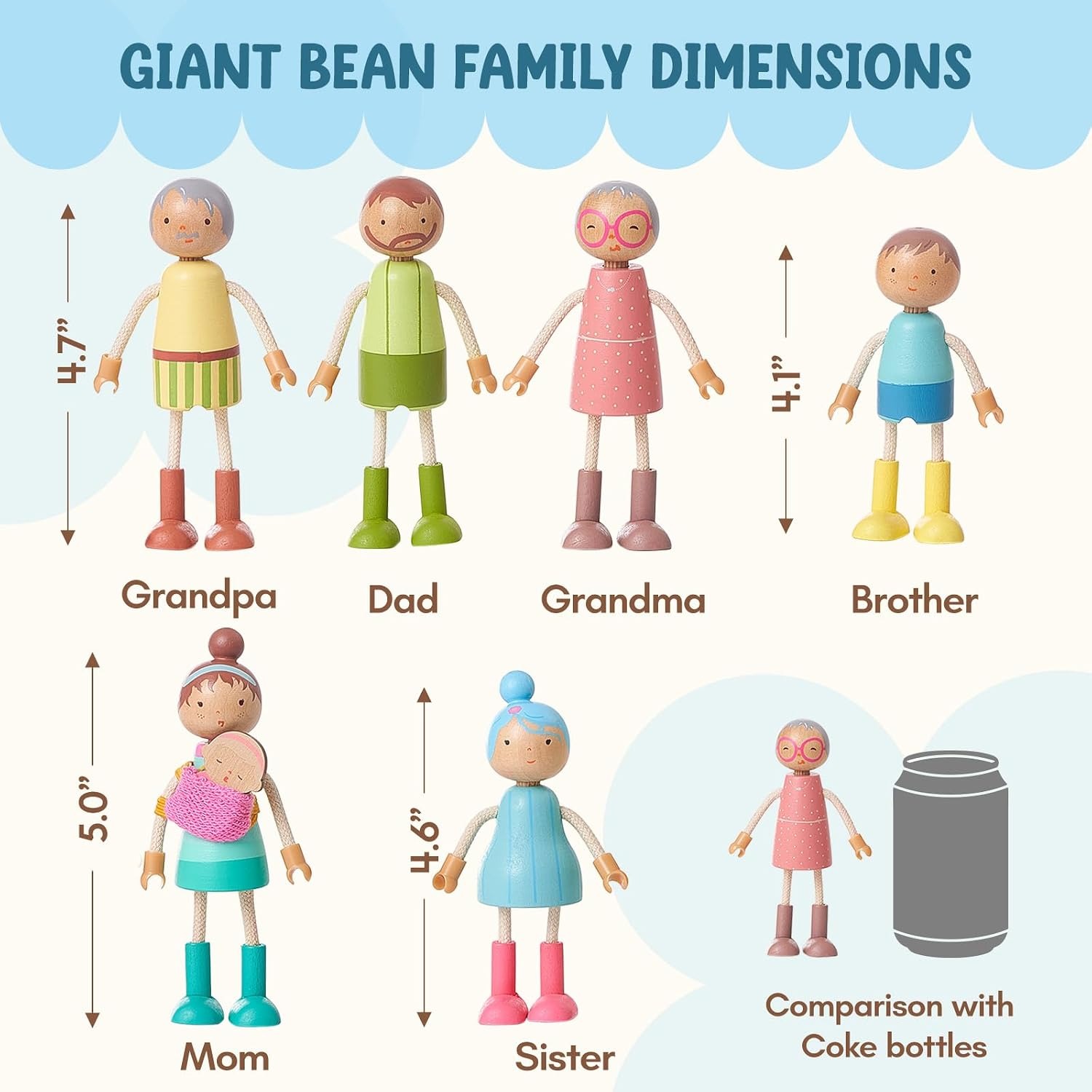 Wooden Doll Family Set of 7 Posable Dollhouse People: image 7